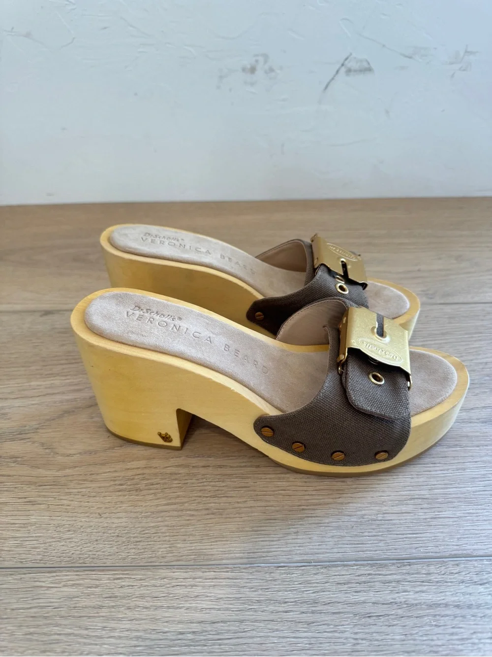 Dr. Scholl's x Veronica Beard Hula Canvas Buckle Mule Clogs Wooden Platform